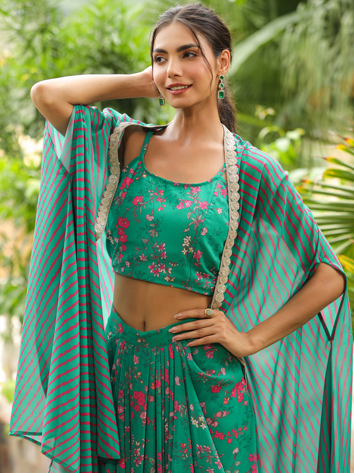 Green-Georgette-Floral-Print-Sleeveless-Lehenga-Set