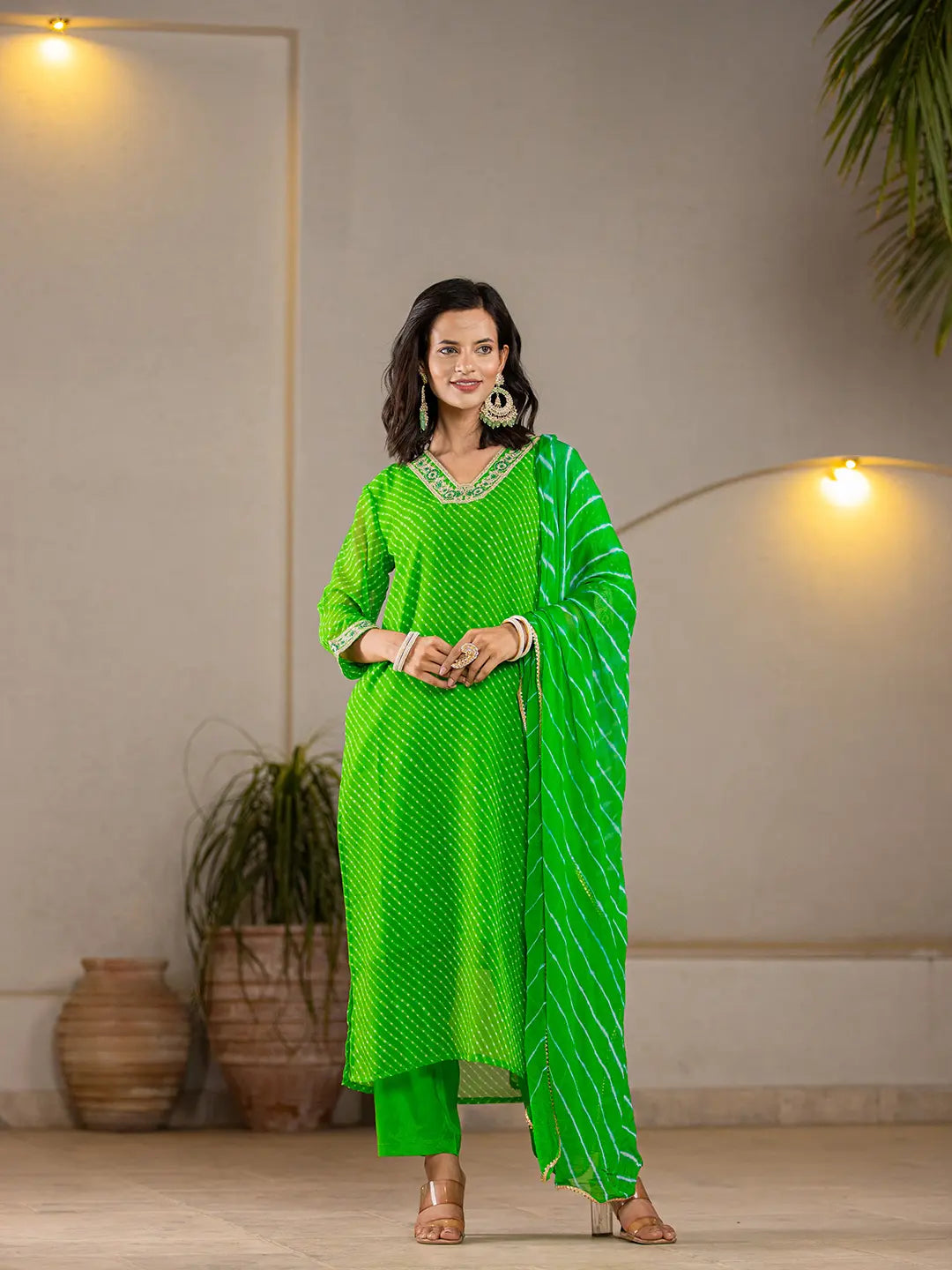 Green-Georgette-Lehriya-Straight-3-Piece-Kurta-Set