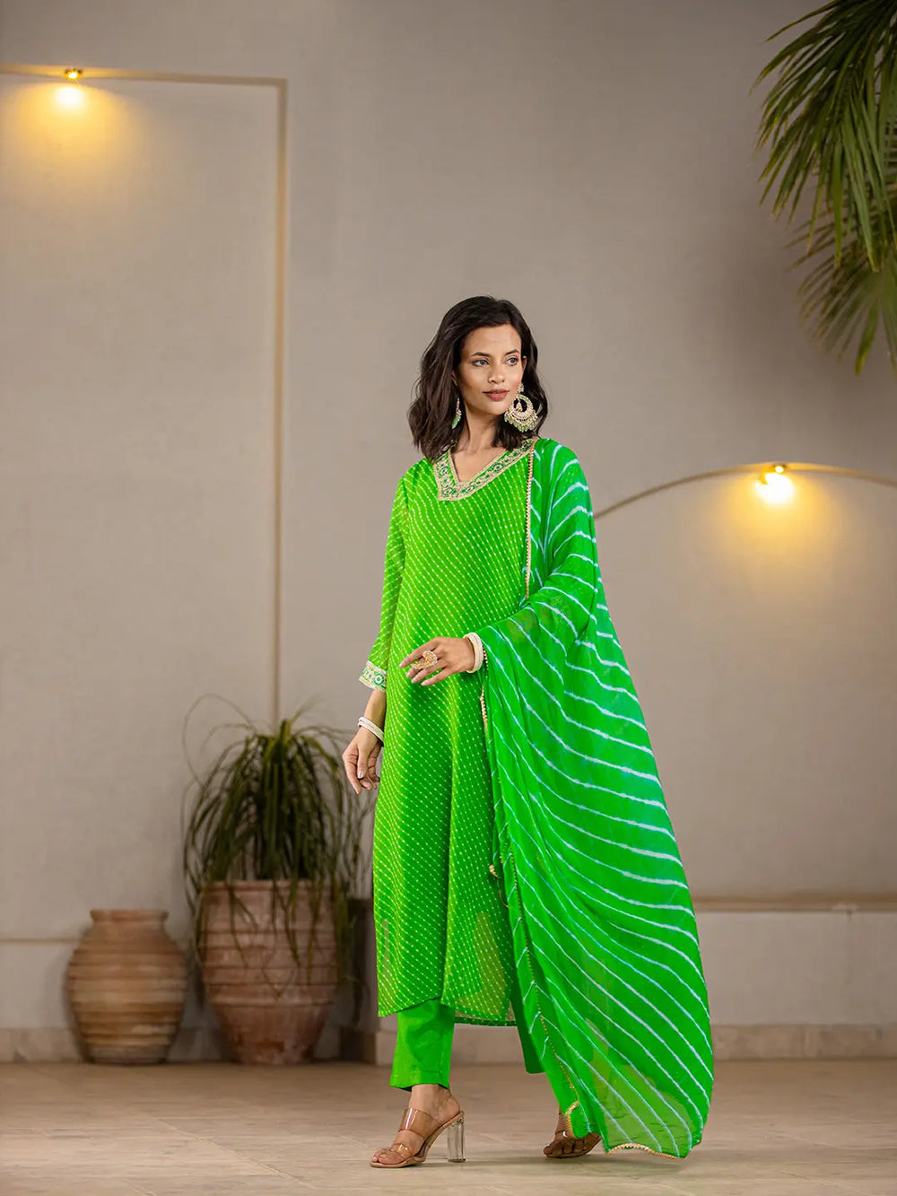 Green-Georgette-Lehriya-Straight-3-Piece-Kurta-Set