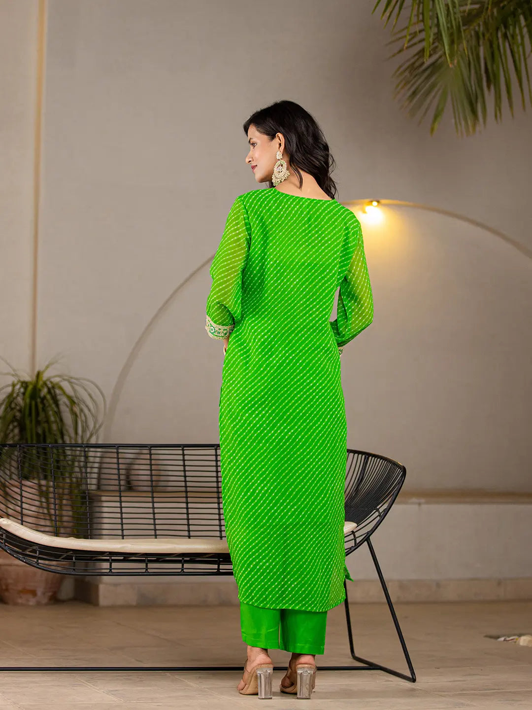 Green-Georgette-Lehriya-Straight-3-Piece-Kurta-Set