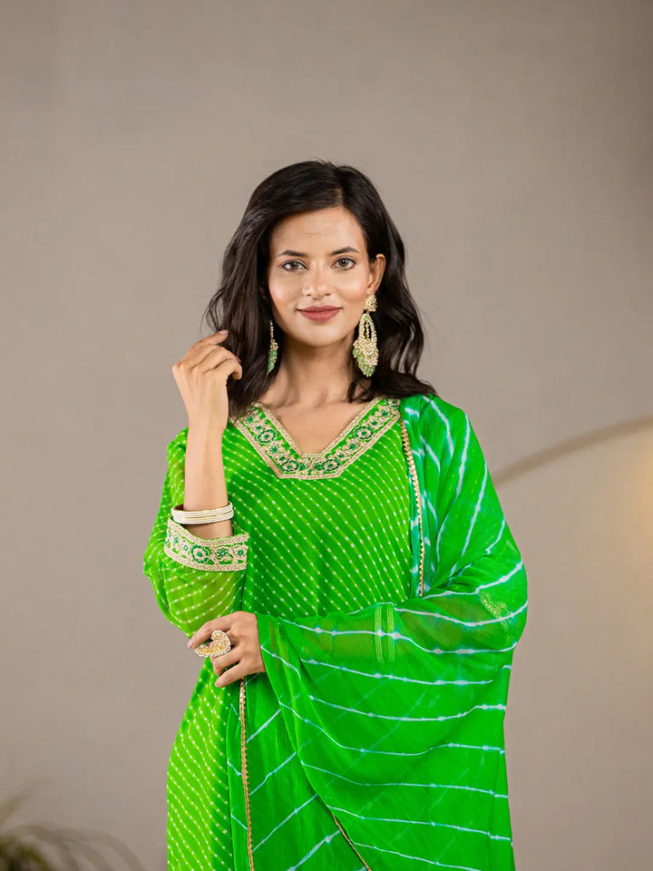 Green-Georgette-Lehriya-Straight-3-Piece-Kurta-Set