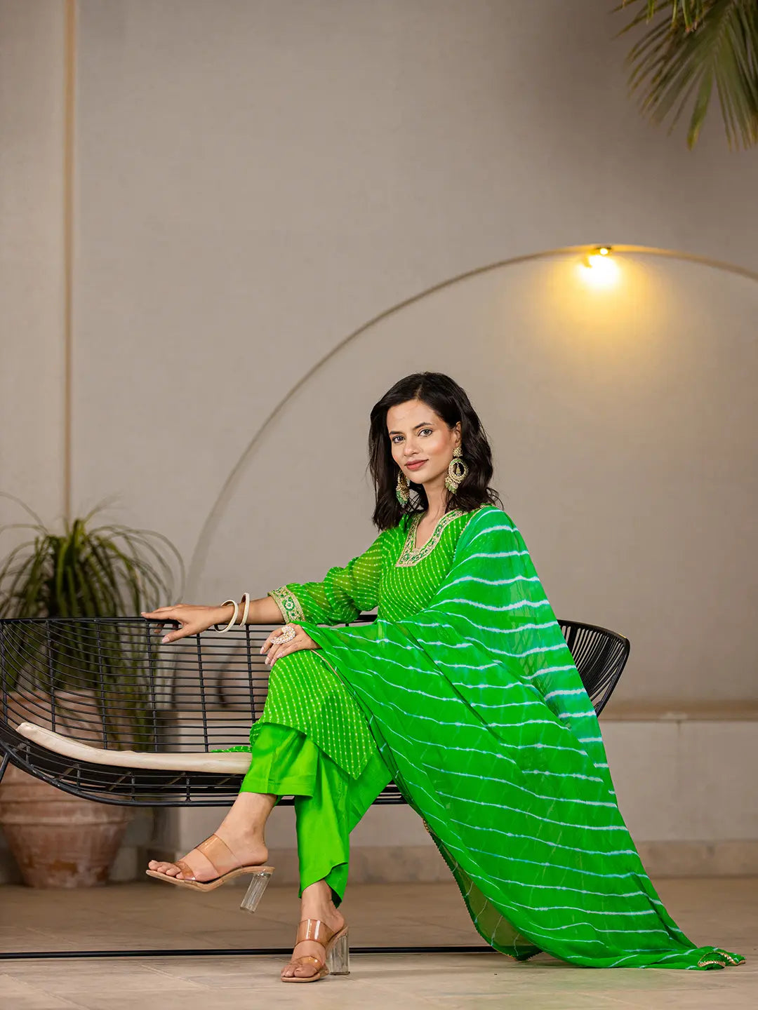 Green-Georgette-Lehriya-Straight-3-Piece-Kurta-Set