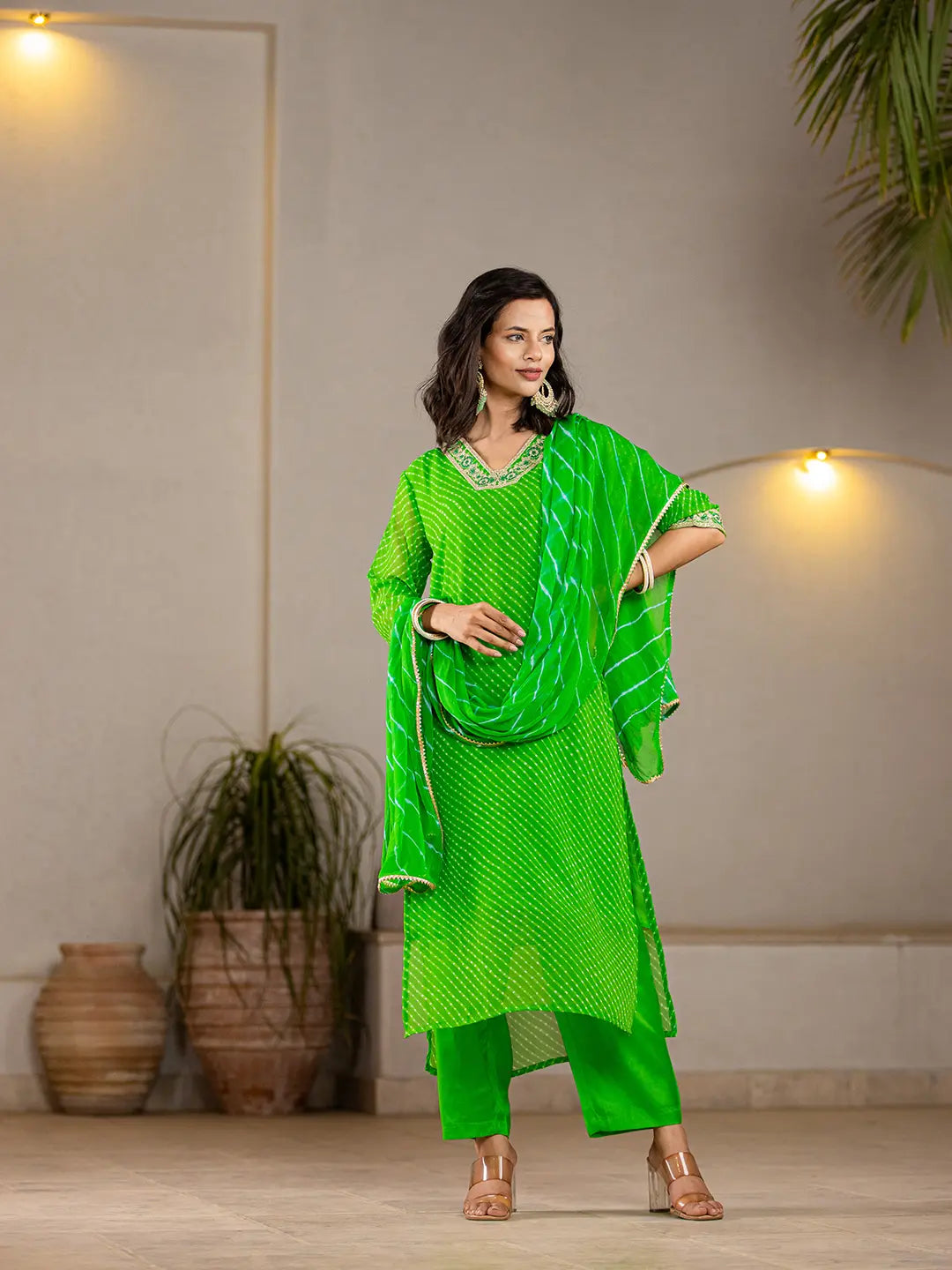 Green-Georgette-Lehriya-Straight-3-Piece-Kurta-Set