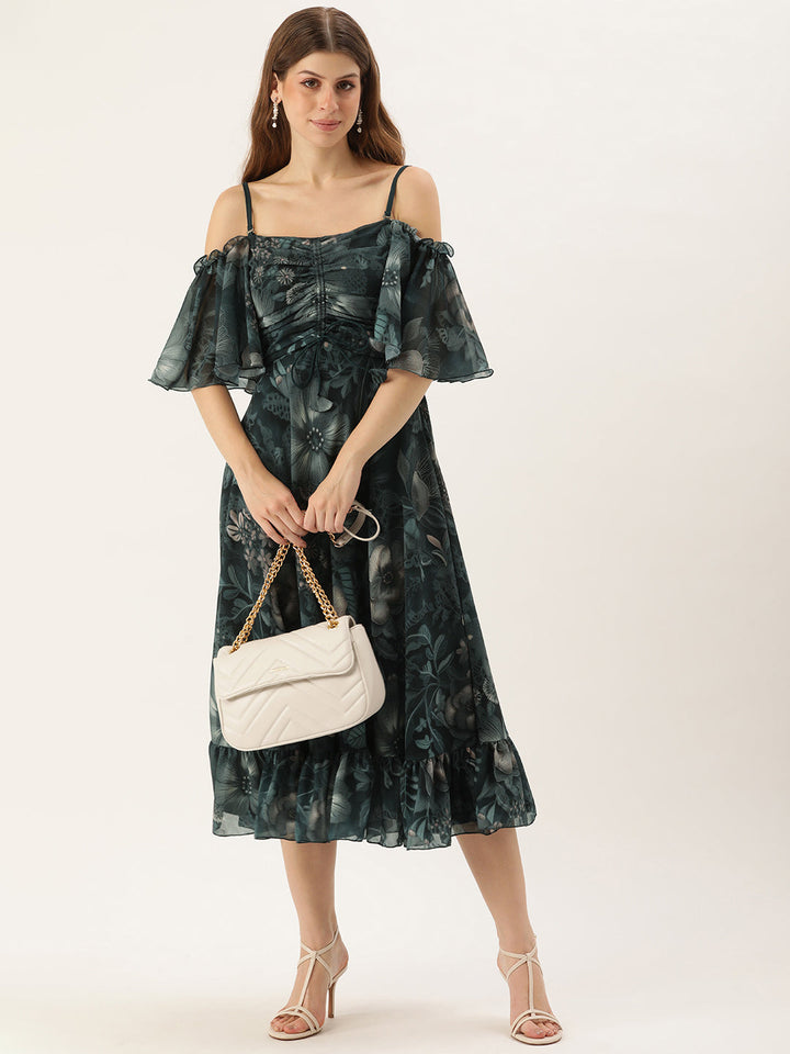 Green-Georgette-Printed-Off-Shoulder-Dress