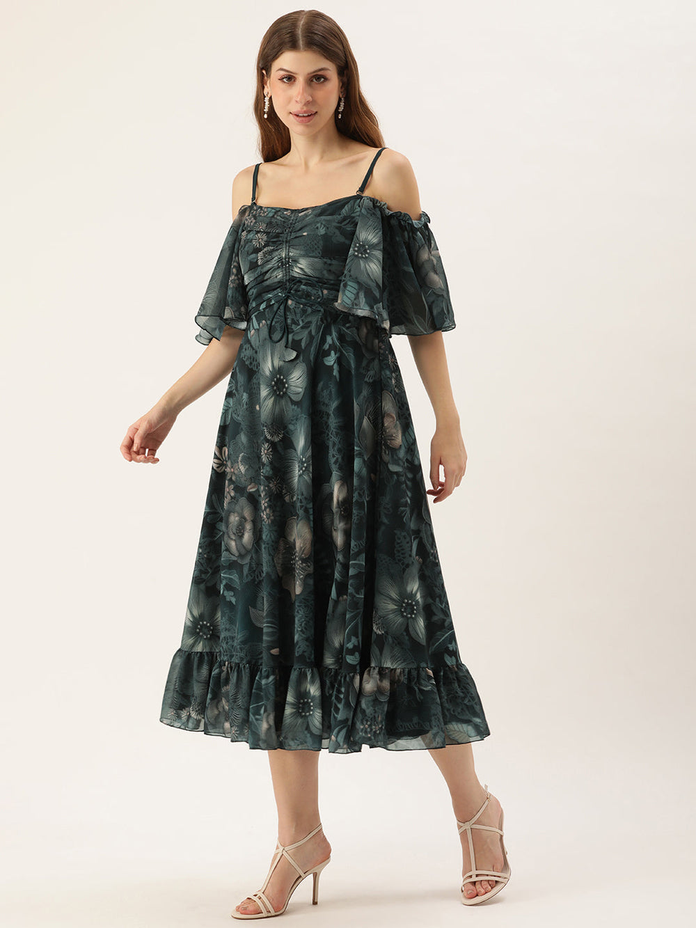 Green-Georgette-Printed-Off-Shoulder-Dress