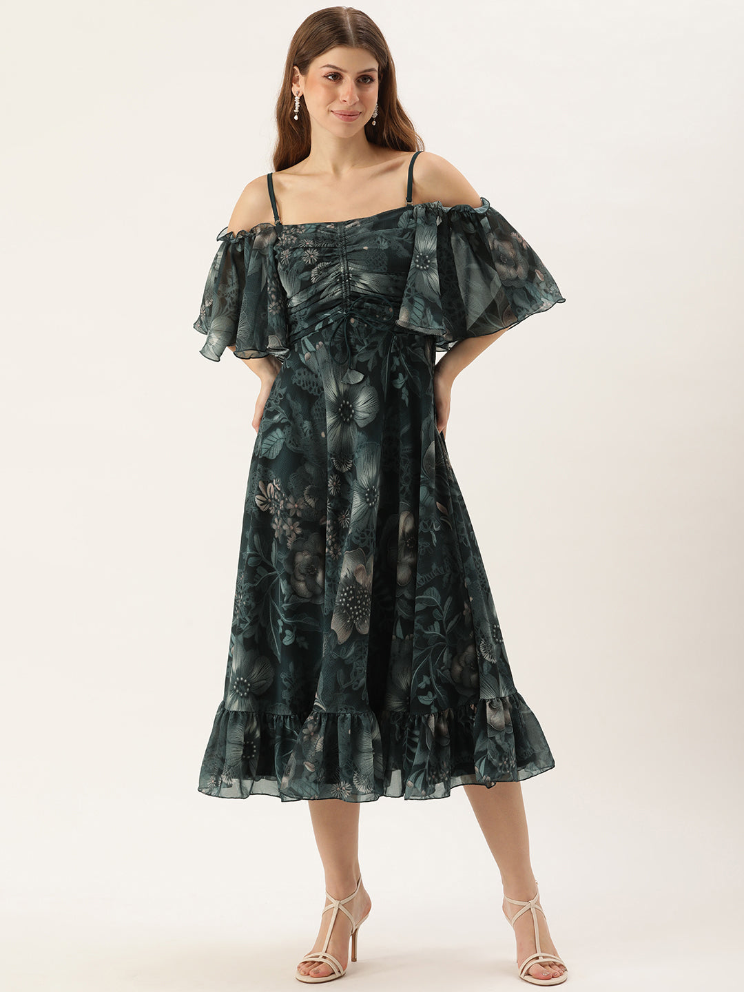 Green-Georgette-Printed-Off-Shoulder-Dress