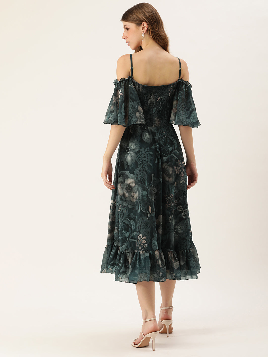 Green-Georgette-Printed-Off-Shoulder-Dress