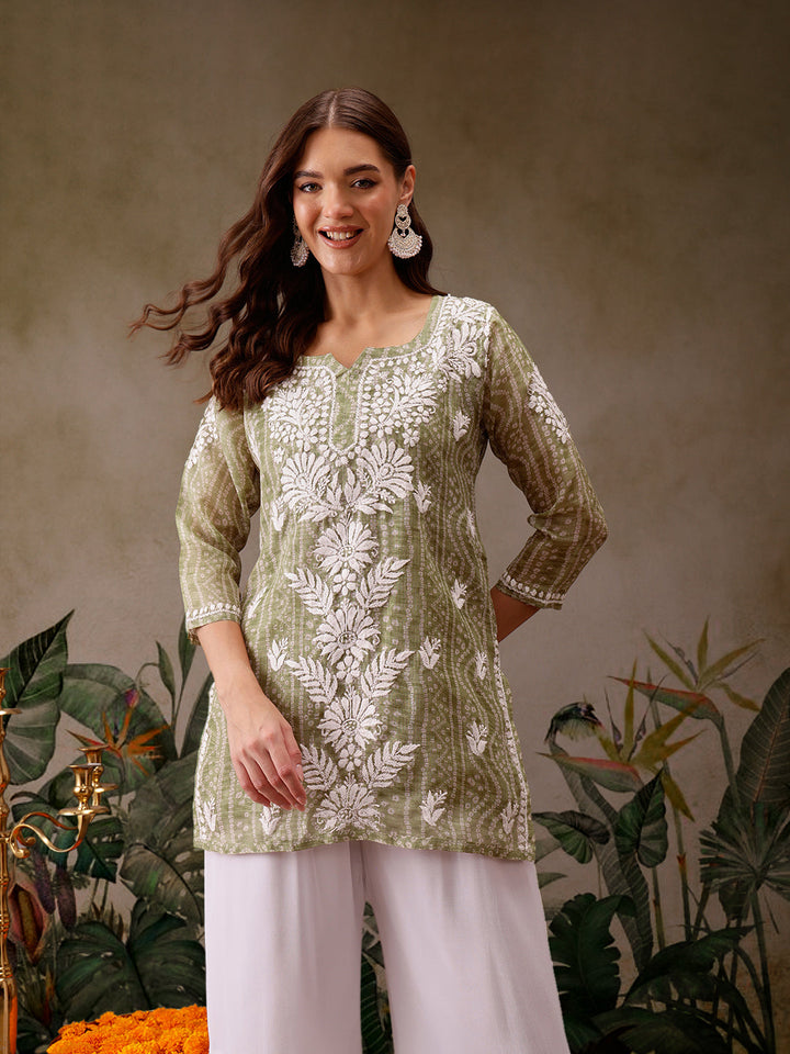 Green Kota Lucknowi Chikankari Tunic With Inner Slip