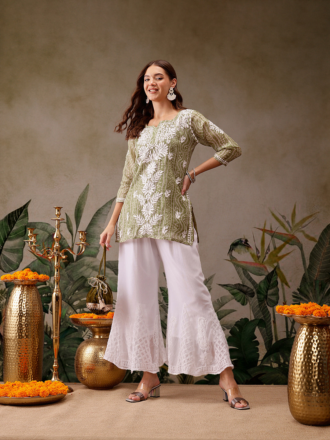 Green Kota Lucknowi Chikankari Tunic With Inner Slip