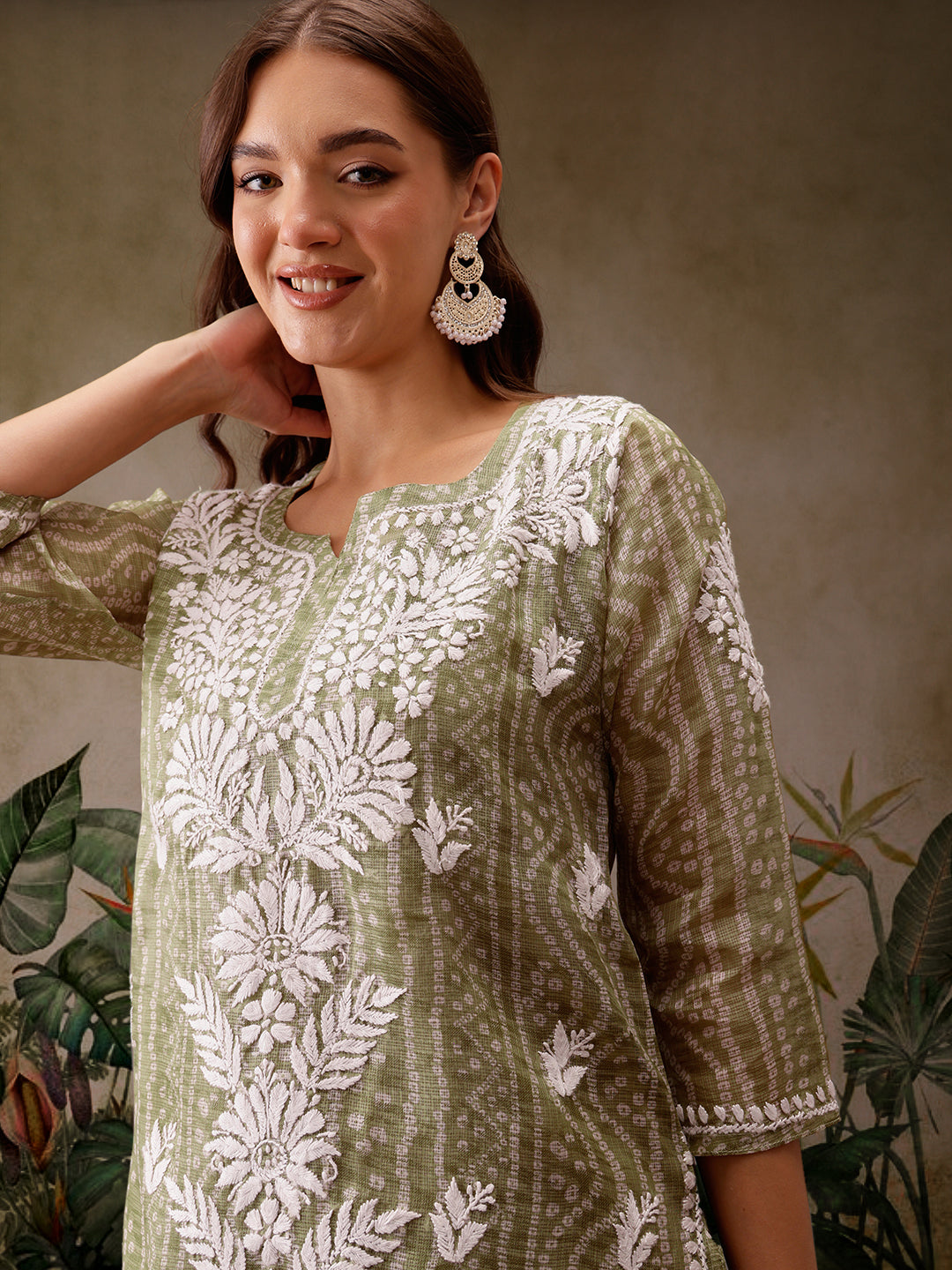 Green Kota Lucknowi Chikankari Tunic With Inner Slip