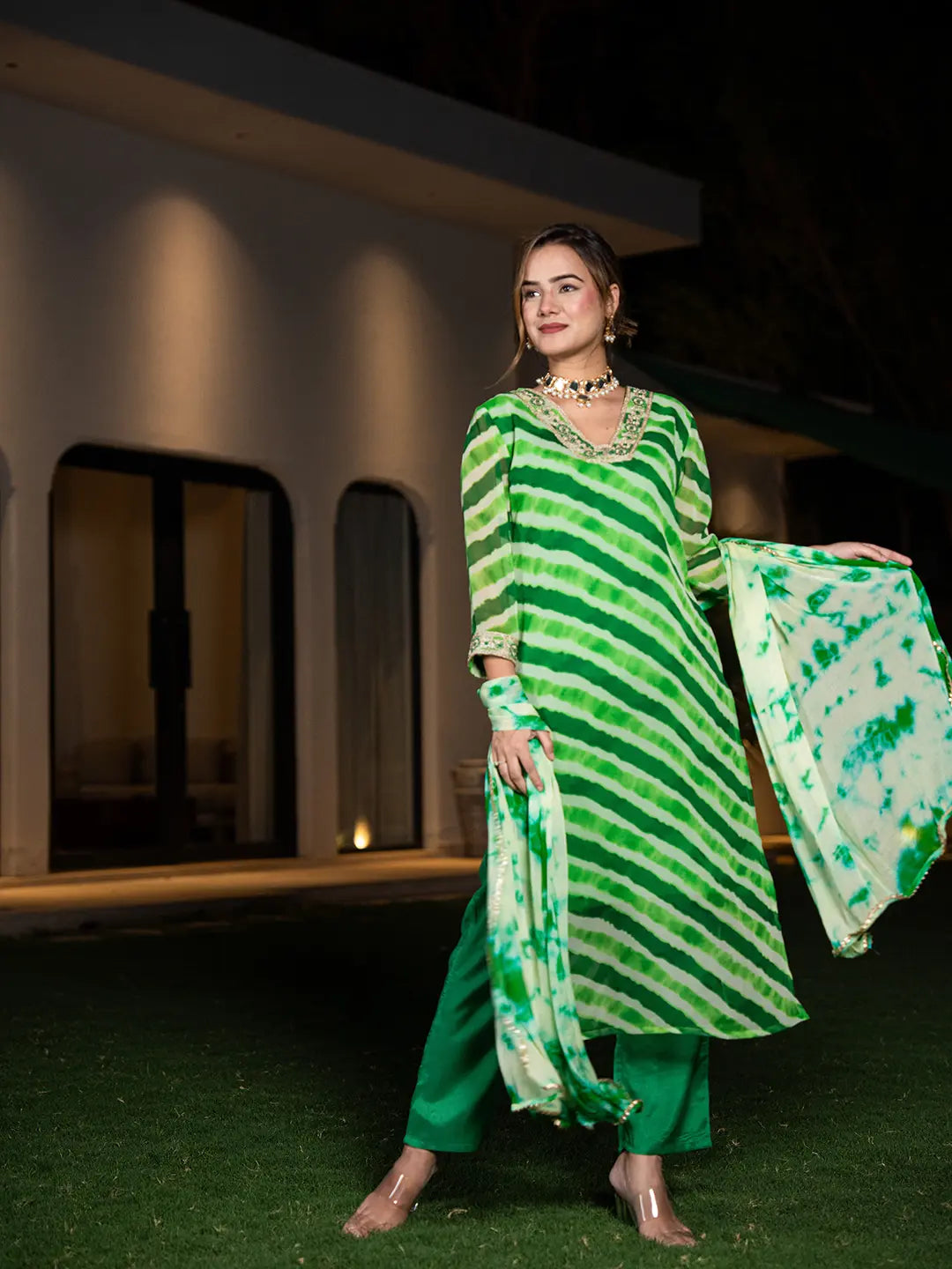 Green-Poly-Georgette-Leheriya-Print-3-Piece-Kurta-Set