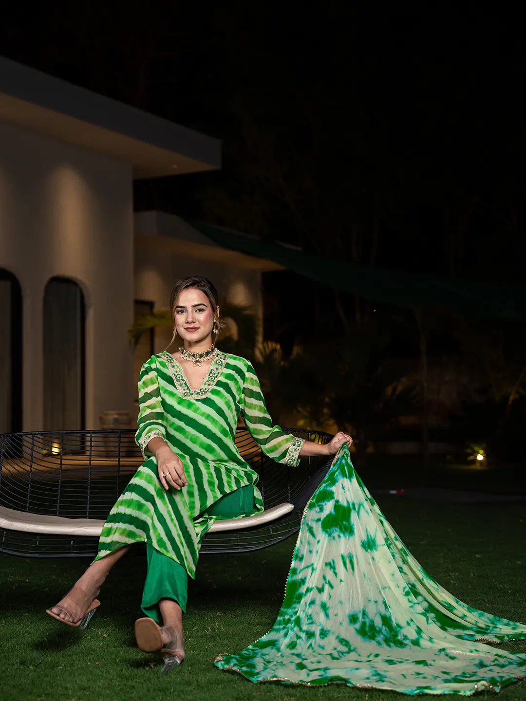 Green-Poly-Georgette-Leheriya-Print-3-Piece-Kurta-Set