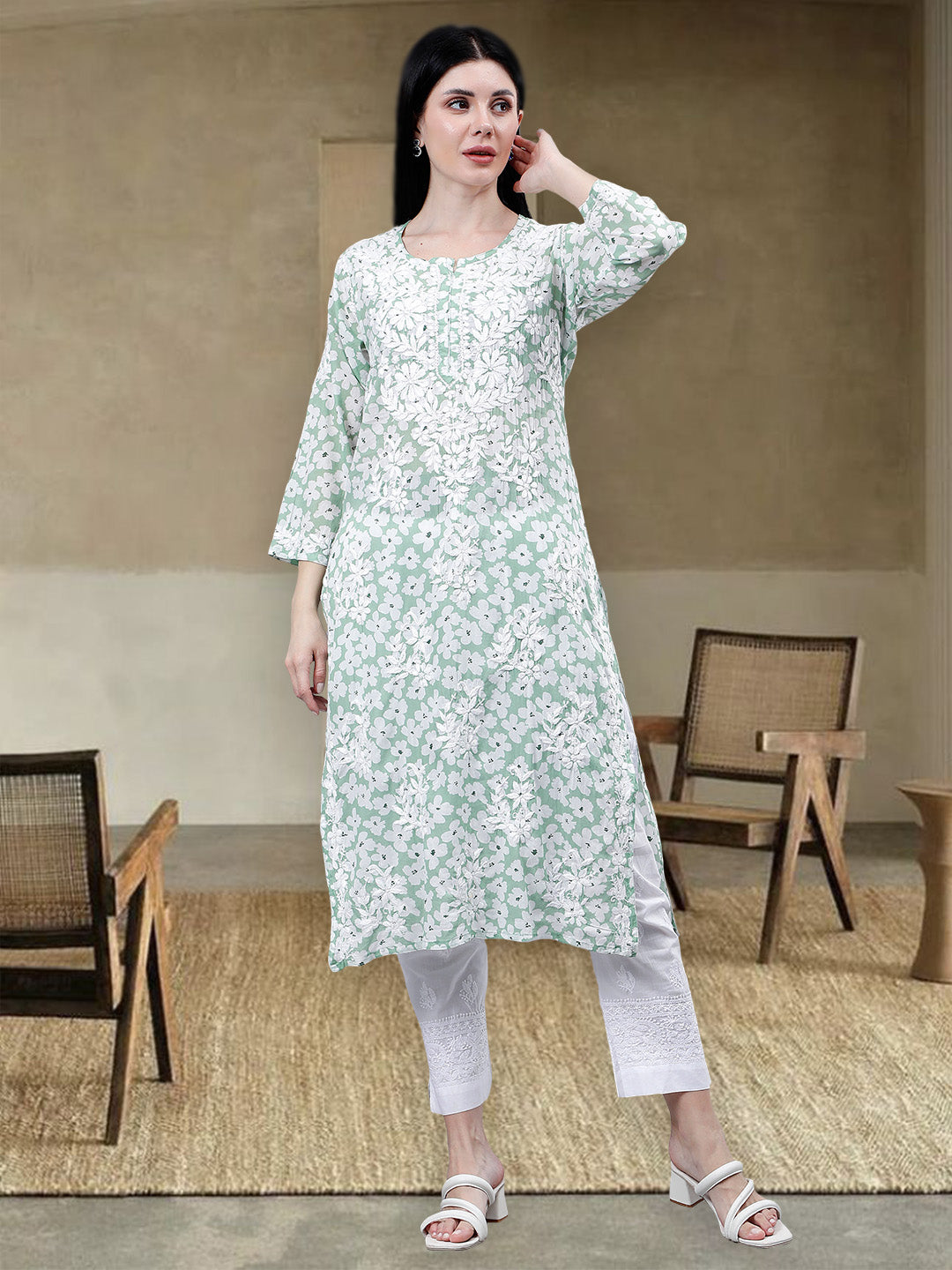 Green-Mulmul-Embroidered-Chikankari-Kurti