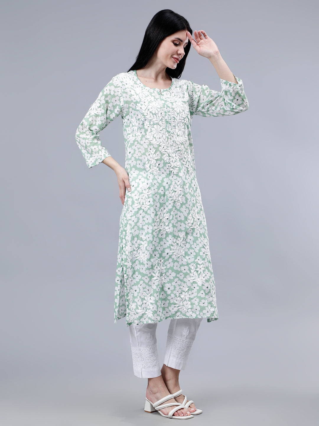 Green Mulmul Embroidered Chikankari Kurti