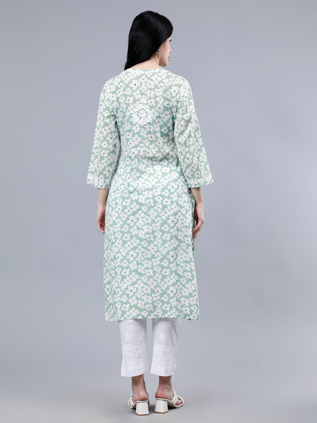 Green Mulmul Embroidered Chikankari Kurti