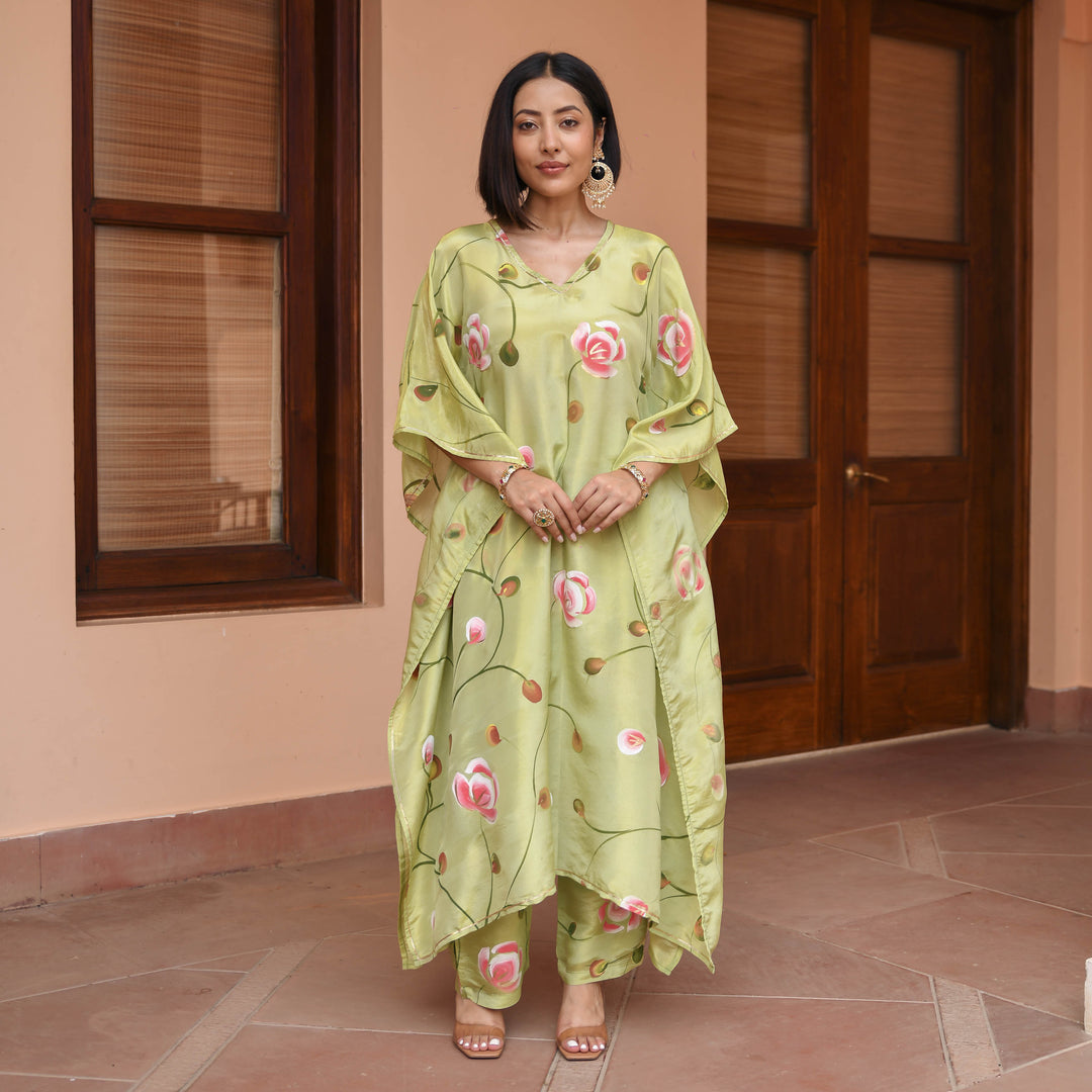 Green-Muslin-Floral-Printed-Kaftan-Set