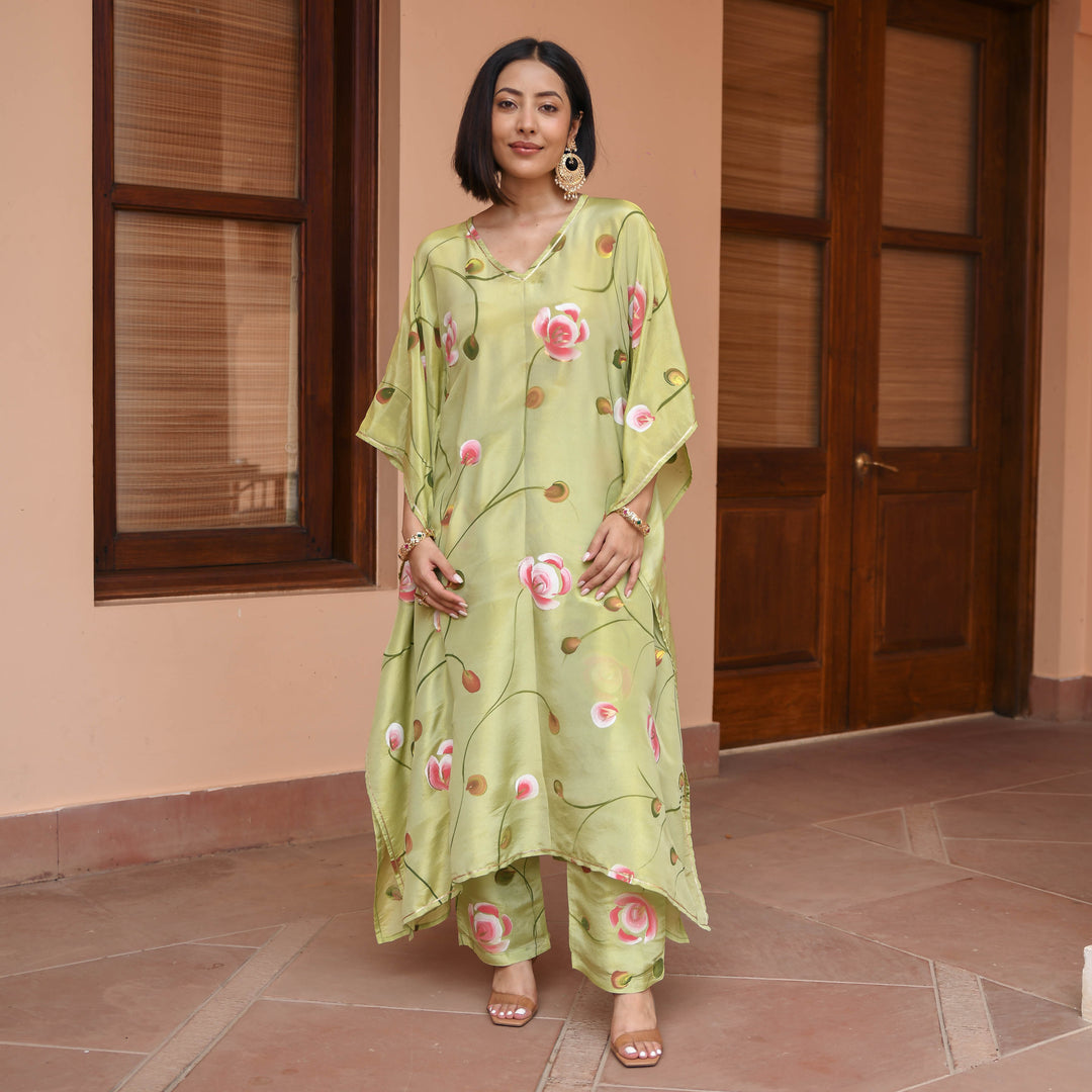 Green-Muslin-Floral-Printed-Kaftan-Set