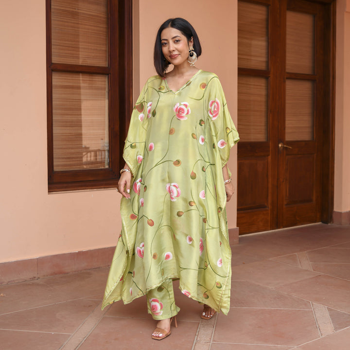 Green-Muslin-Floral-Printed-Kaftan-Set