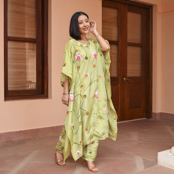 Green-Muslin-Floral-Printed-Kaftan-Set