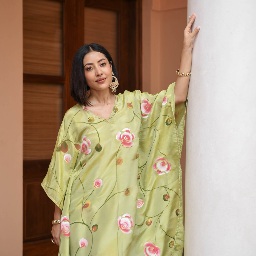 Green-Muslin-Floral-Printed-Kaftan-Set