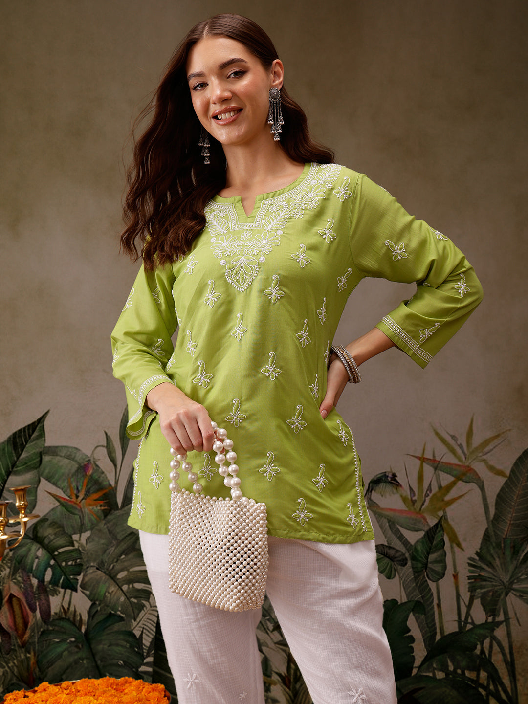 Green Muslin Lucknowi Chikankari Tunic Only