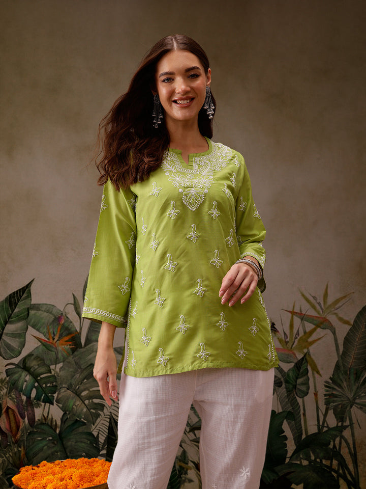 Green Muslin Lucknowi Chikankari Tunic Only