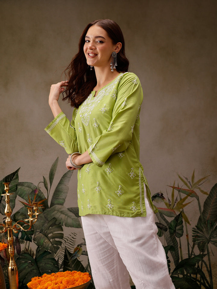 Green Muslin Lucknowi Chikankari Tunic Only