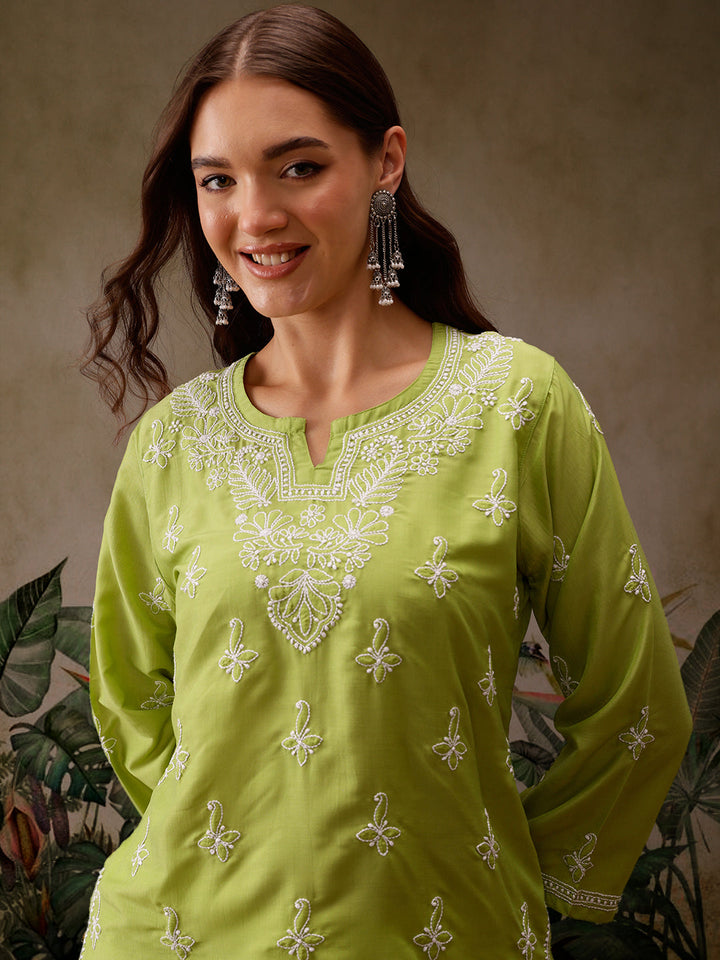 Green Muslin Lucknowi Chikankari Tunic Only