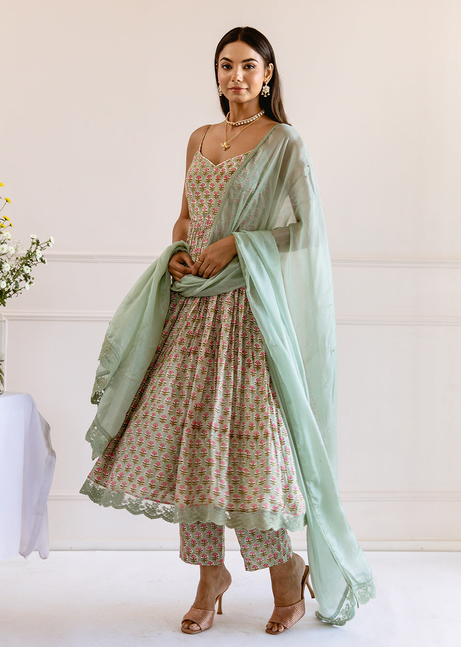 Green-Muslin-Silk-Printed-Strappy-Anarkali-Set