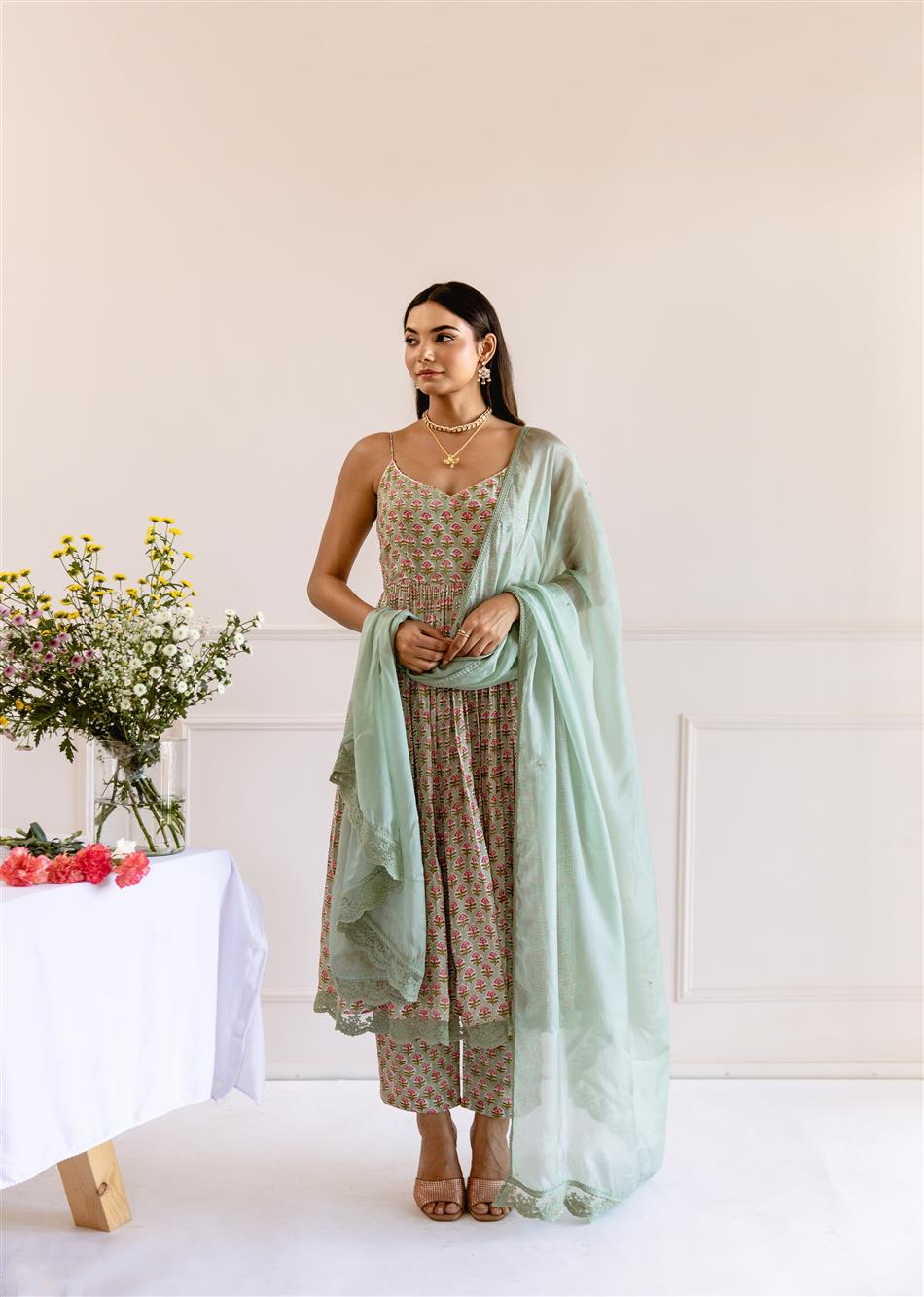 Green-Muslin-Silk-Printed-Strappy-Anarkali-Set