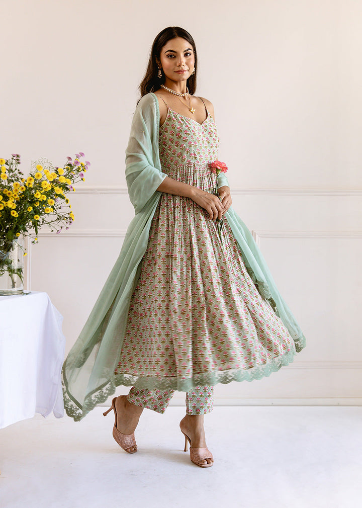 Green-Muslin-Silk-Printed-Strappy-Anarkali-Set