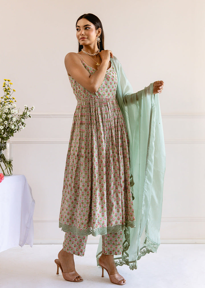 Green-Muslin-Silk-Printed-Strappy-Anarkali-Set