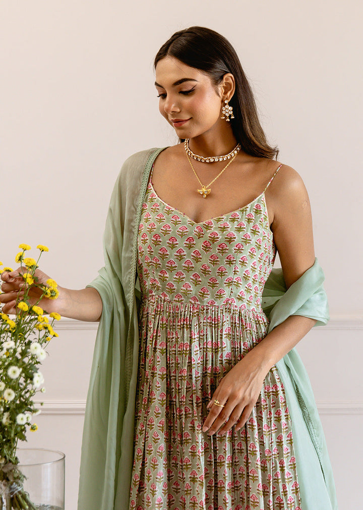 Green-Muslin-Silk-Printed-Strappy-Anarkali-Set