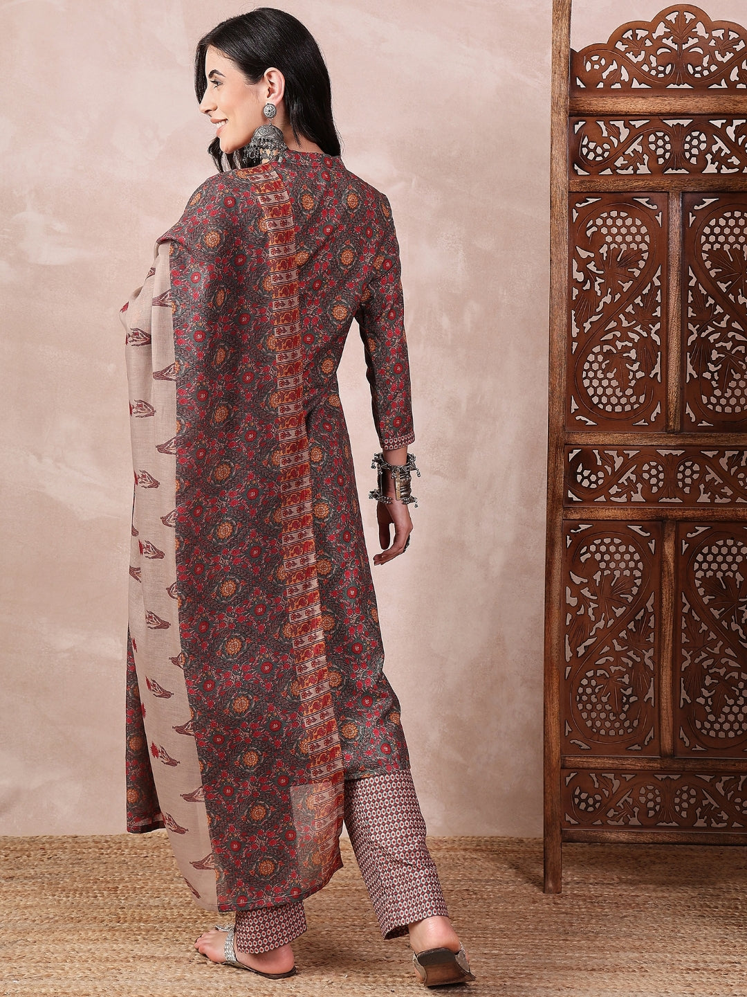 ZERESOUQ-Green-Poly-Cotton-Floral-Printed-3-Piece-Kurta-Set