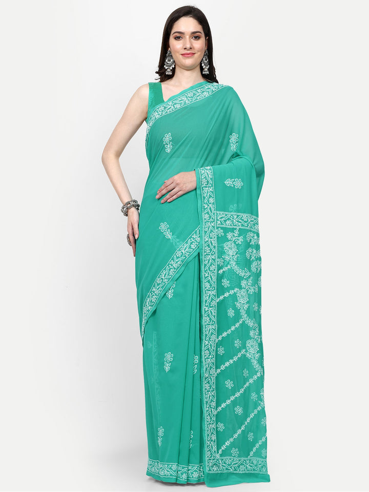 Green Poly Georgette Embroidered Chikankari Saree