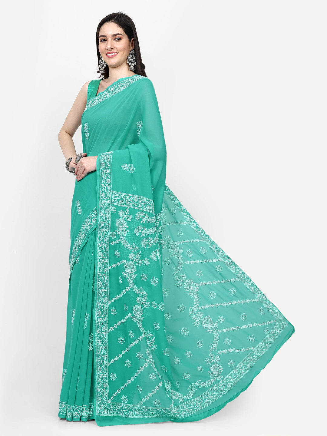 Green Poly Georgette Embroidered Chikankari Saree