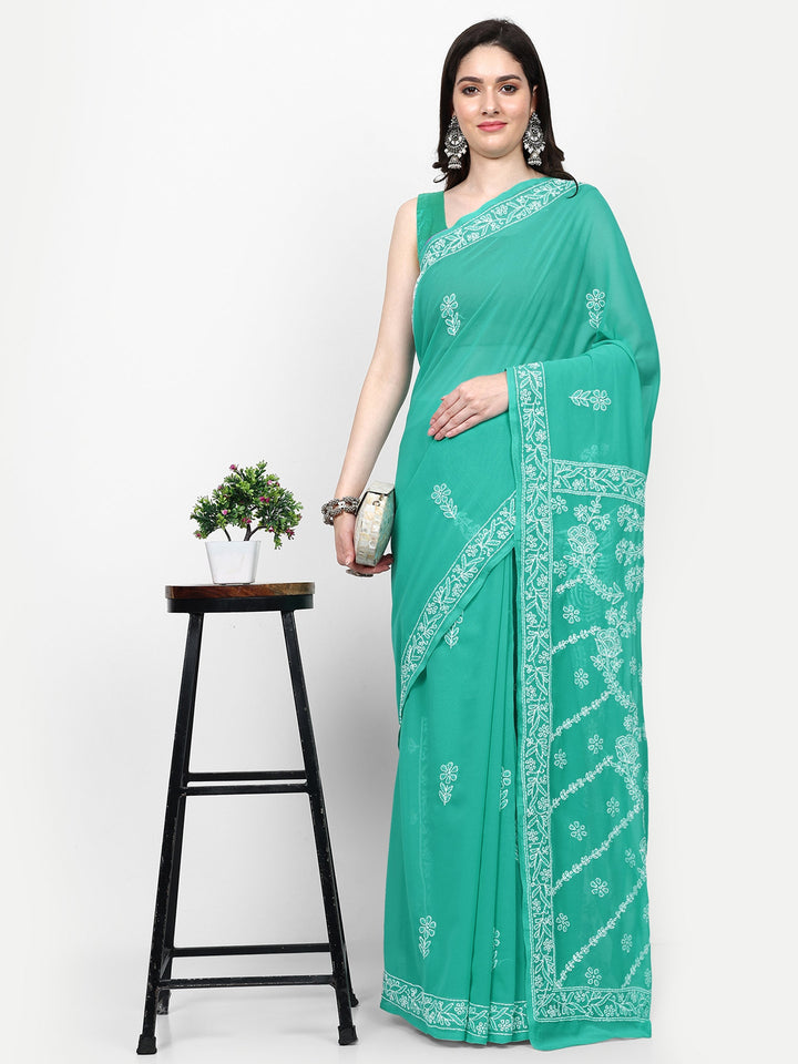 Green Poly Georgette Embroidered Chikankari Saree