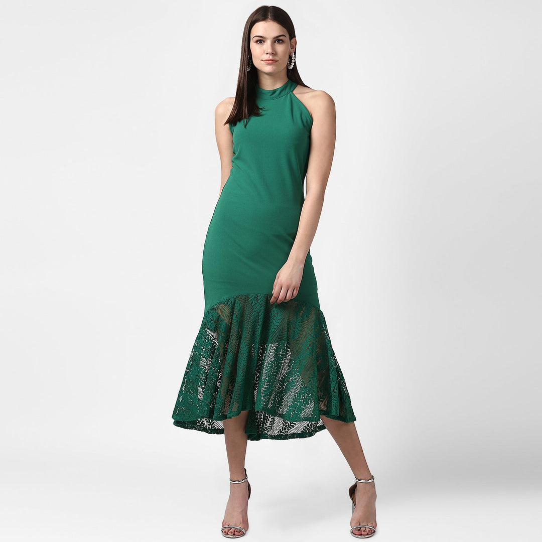 Green-Polyester-Asymmetrical-Lace-Dress