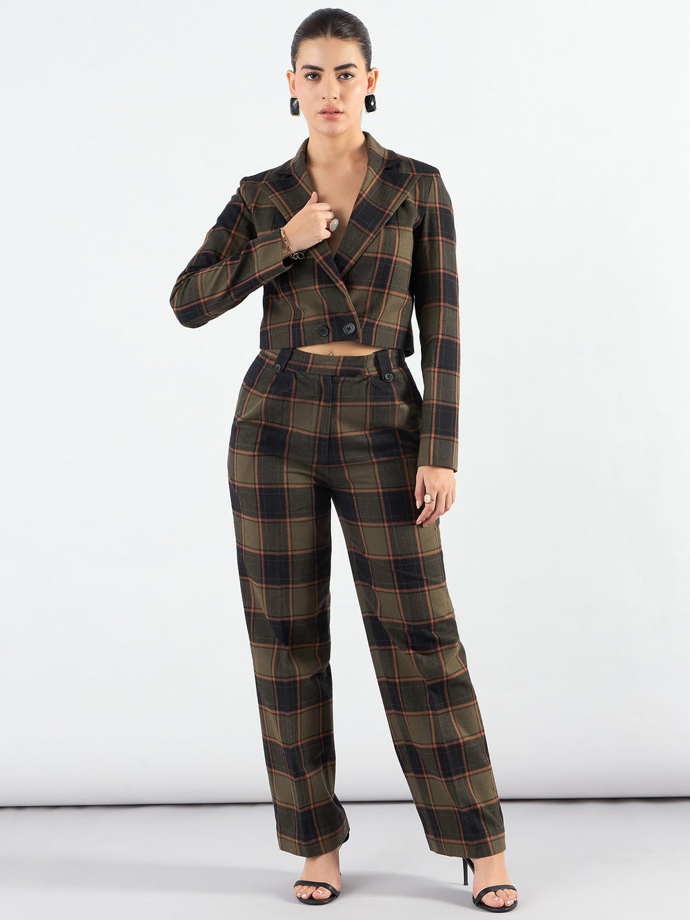 Green-Polyester-Checkered-Warm-Crop-Blazer-&-Trouser