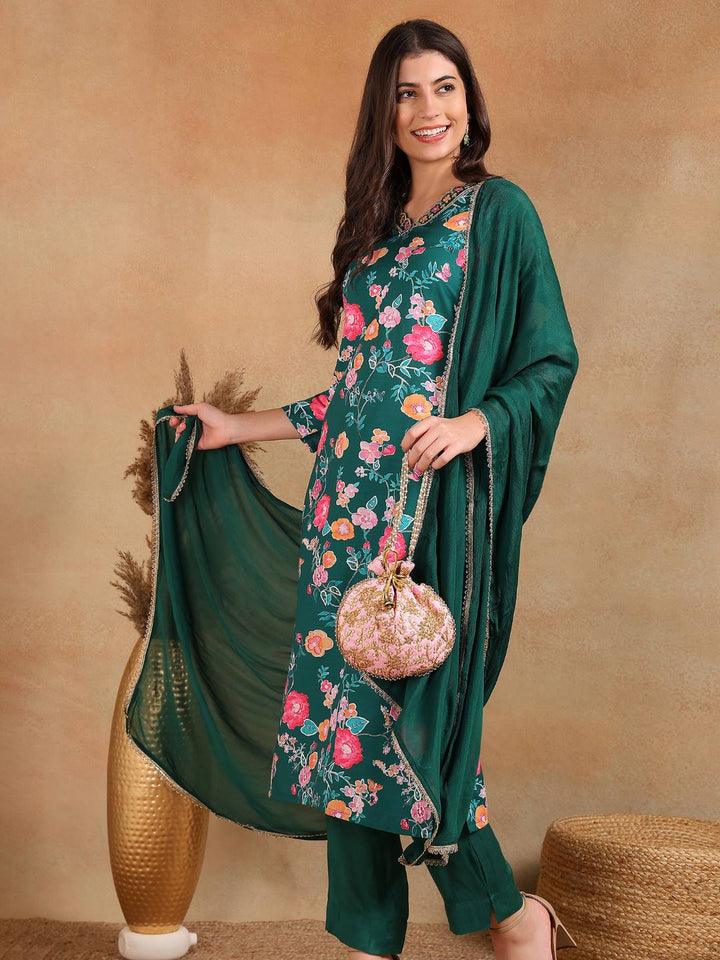 Green-Polyester-Floral-Printed-Straight-3-Piece-Kurta-Sets