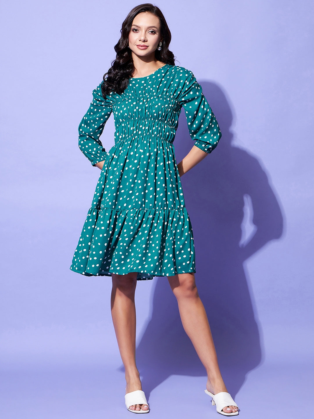 Green-Polyester-Moss-Ruched-Green-Polka-Dress