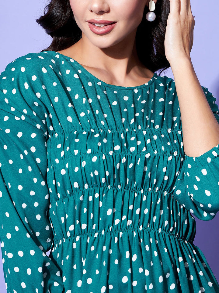 Green-Polyester-Moss-Ruched-Green-Polka-Dress