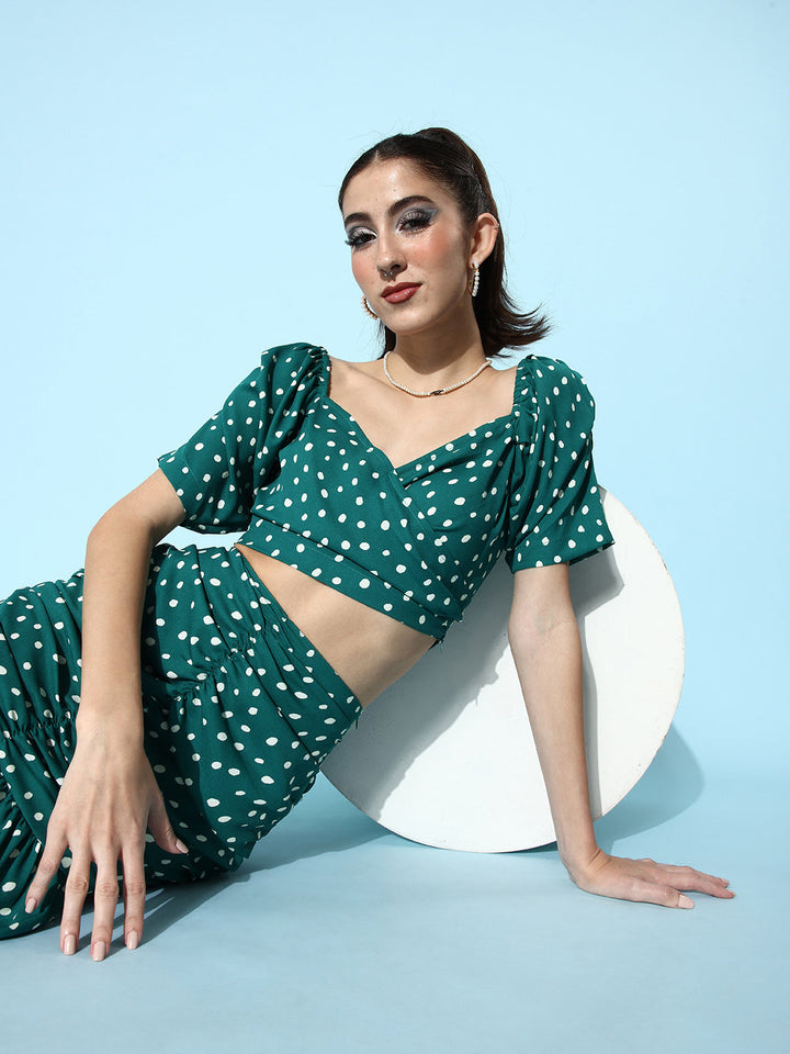 Green-Polyester-Pleated-Polka-Top-&-Skirt-Set