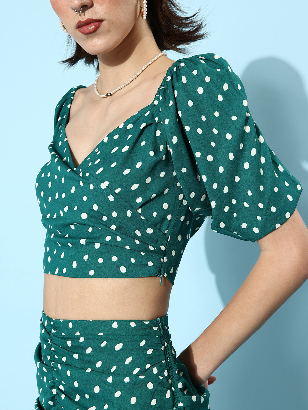 Green-Polyester-Pleated-Polka-Top-&-Skirt-Set