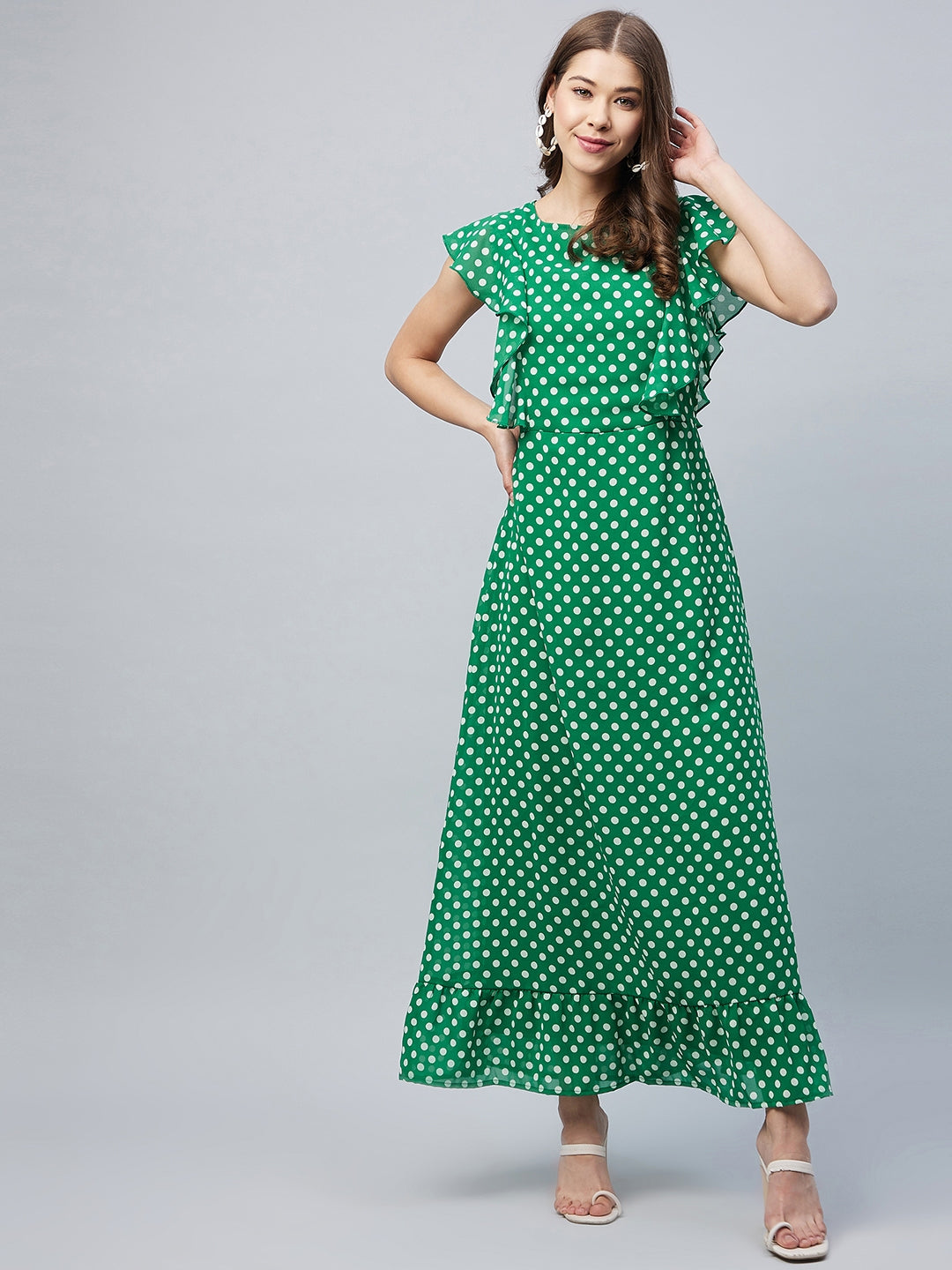 Green-Polyester-Polka-Maxi-Dress-With-Flutter-Sleeves-