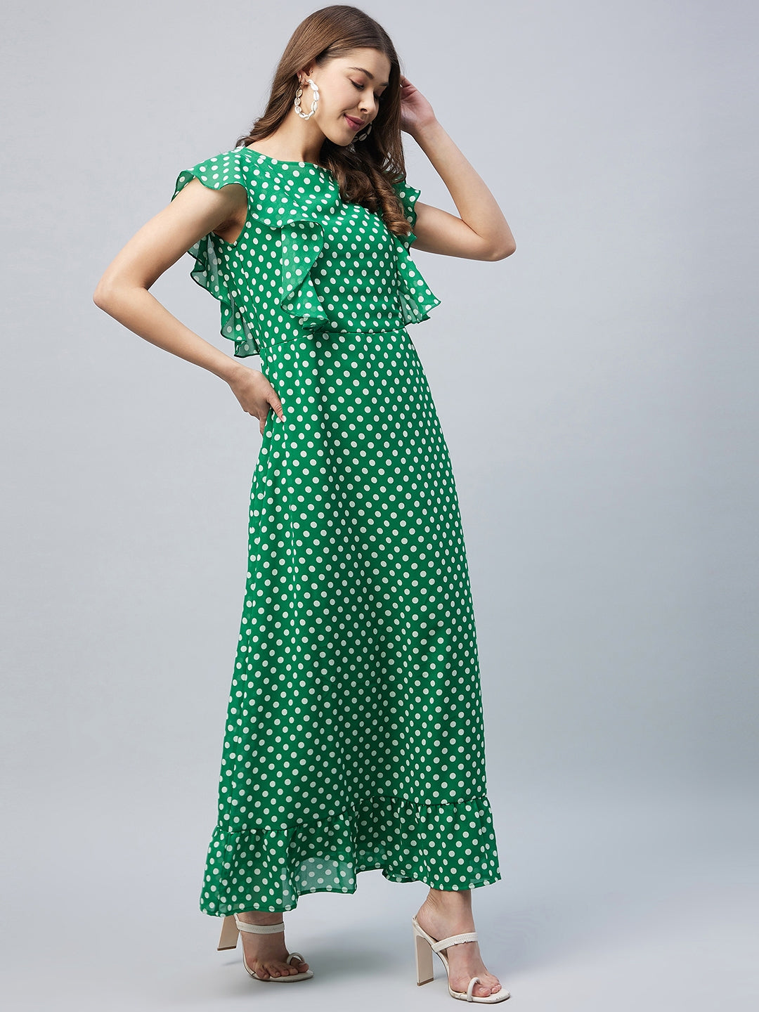 Green-Polyester-Polka-Maxi-Dress-With-Flutter-Sleeves-