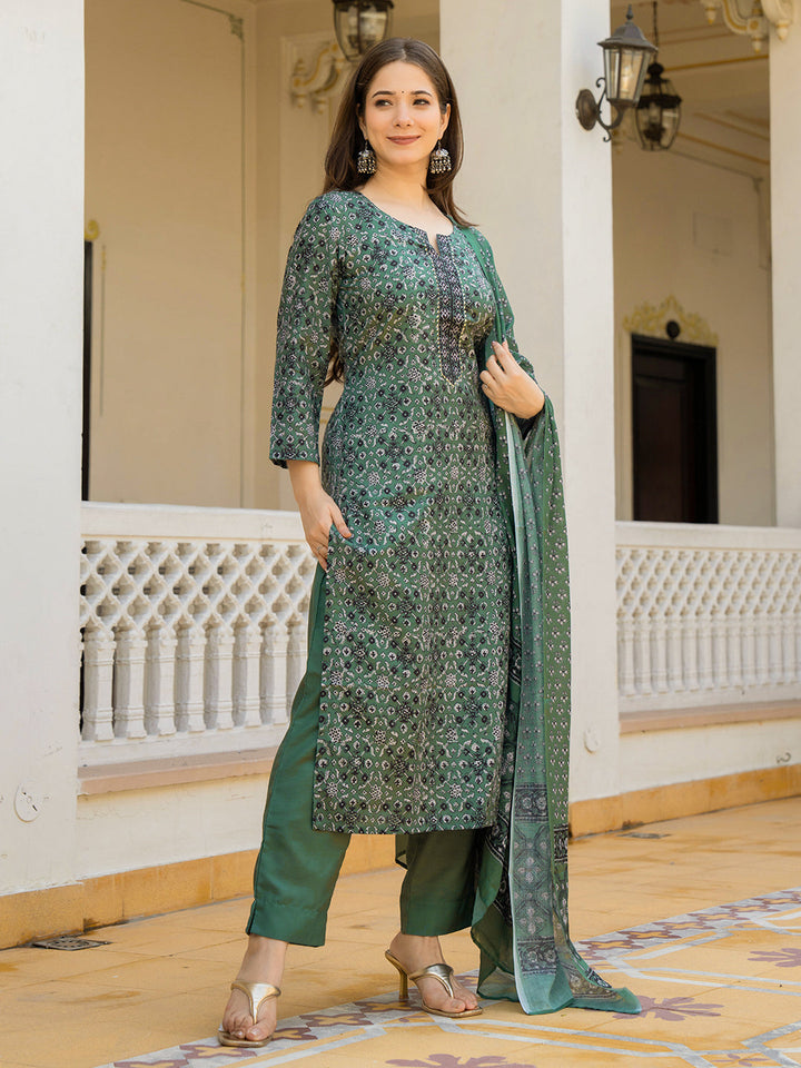 ZERESOUQ-Green-Rayon-Blend-Ethnic-Motifs-Printed-Straight-3-Piece-Kurta-Set