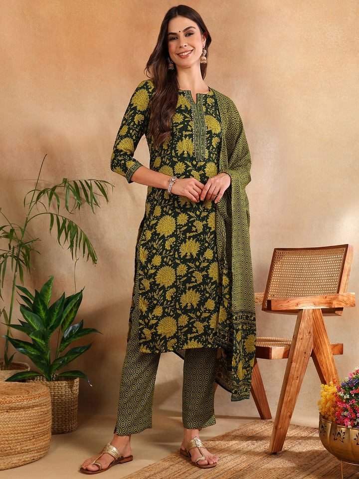 Green-Rayon-Blend-Floral-Print-Straight-3-Piece-Kurta-Set