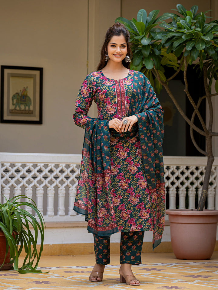 Green-Rayon-Blend-Floral-Printed-3-Piece-Kurta-Set