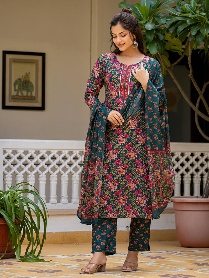 Green-Rayon-Blend-Floral-Printed-3-Piece-Kurta-Set